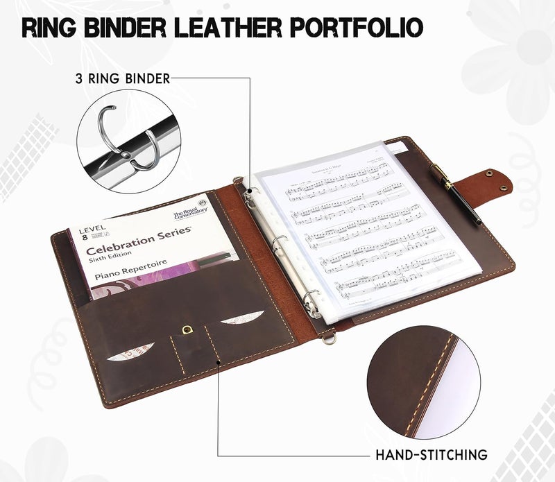 Robrasim Handmade Leather Sheet Music Folder, 3-Ring Choir Binder with Clear Sheet Protectors, Premium Leather Portfolio for Music Organizer & Office Use - Coffee - Image 4